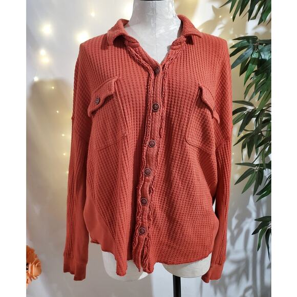 Frye and Co Heritage Waffle Knit Button Thermal Top Womens Size XL Rust Orange - Picture 1 of 8